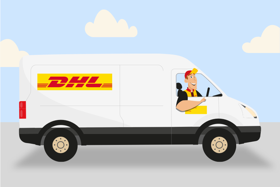 Illustration of a DHL Parcel UK van and driver